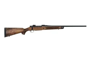 Full-length Mossberg Patriot Revere hunting rifle walnut stock side view