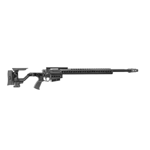 Complete side view of Accuracy International AT-XC Comp Pro Black folding rifle with tactical muzzle brake
