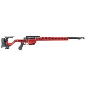 Full-length side view of Accuracy International AT-XC Comp Pro red folding rifle with muzzle brake