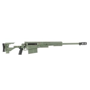 Complete side view of the Accuracy International AX ELR rifle in sage green with 27-inch barrel and muzzle brake