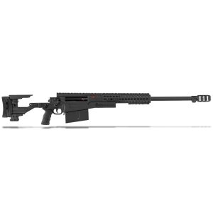 Complete side view of the Accuracy International AX50 ELR rifle in black with 27-inch barrel and muzzle brake