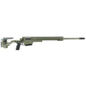 Full-length side profile Accuracy International AXSR Sage Green 26-inch folding rifle with muzzle brake