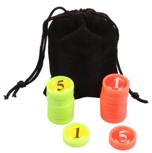 ANSCHÜTZ biathlon tactic board magnets 015659, orange and yellow numbered sets with black drawstring bag