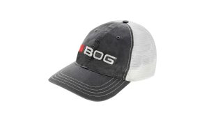 BOG R111 mesh-back trucker cap in charcoal and white on white background