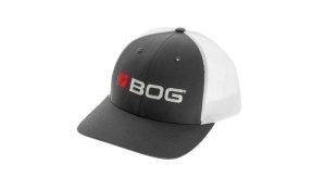 BOG Richardson R115 trucker cap in charcoal and white, front three-quarter view