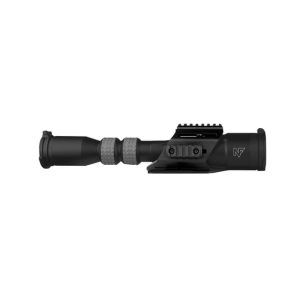 Nightforce CFS 6-36x50 F1 spotting scope with fitted black accessory cage, full side profile