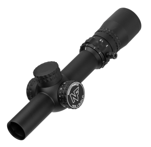 Nightforce NX6 1-6x24 F1 black riflescope, full angled product photograph