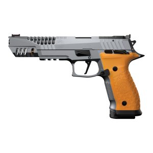 Full STEYR ATC Rock 6-inch 9x19 silver competition pistol with orange grip